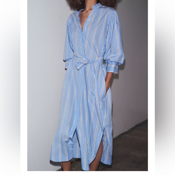 Zara Dresses & Skirts - Zara Light Blue Striped Midi Dress